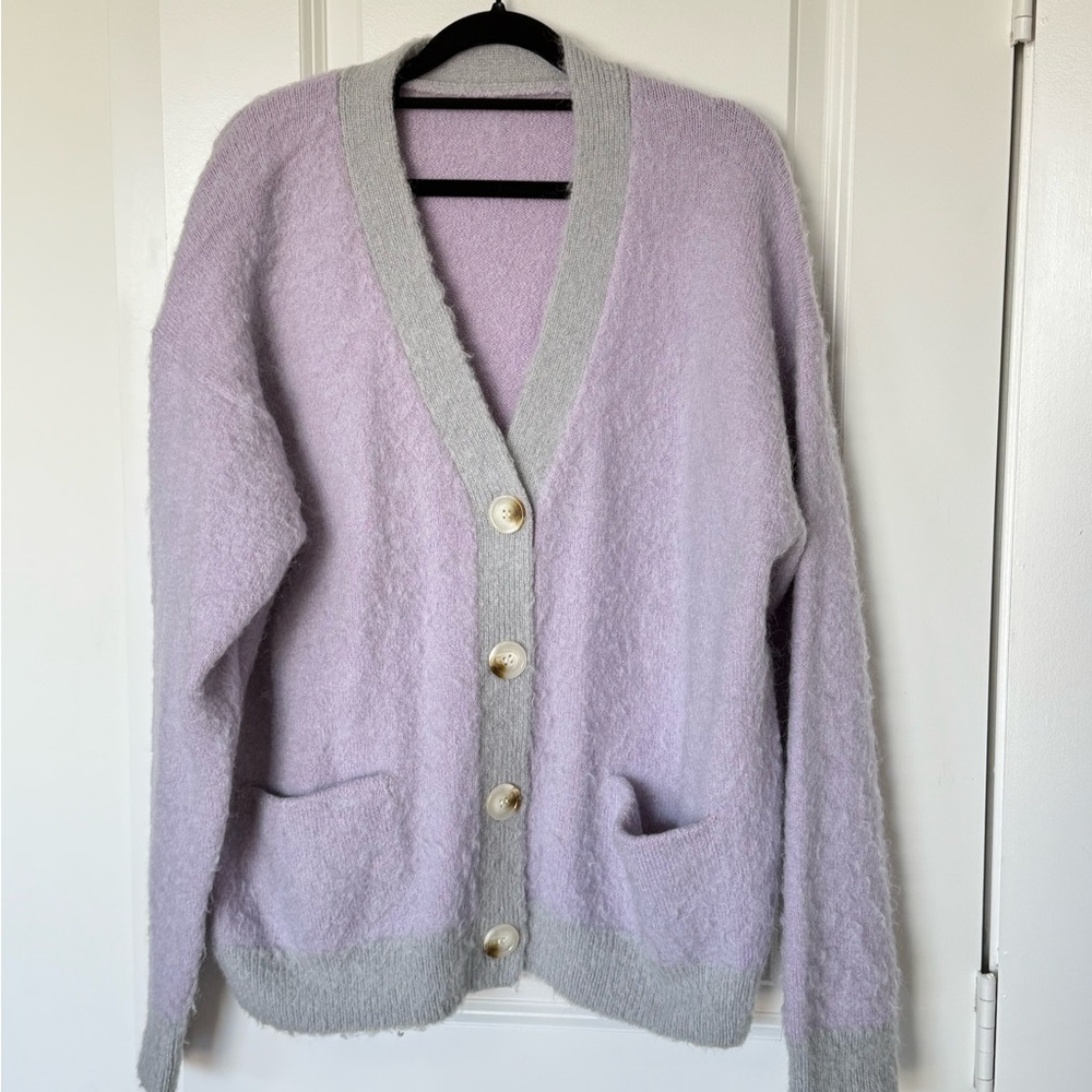 Soft Lavender Cardigan with Gray Accents